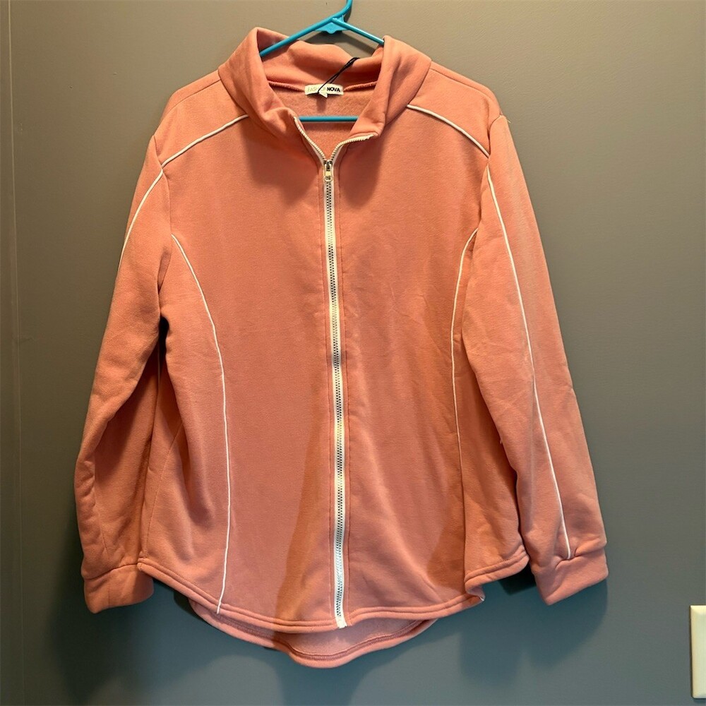 Fashion Nova Jacket Womens Size L Pink Full Zip Mock Neck White Piping
